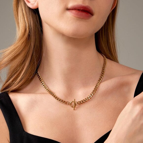 ⚡Dabovos Gold Chunky Necklace 18K Plated Toggle Clasp Cuban Snake Chain Choker - Picture 2 of 5